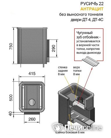 Дровяные печи-каменки Везувий Русичъ Антрацит 22 (ДТ-4С) без выноса в Нижней Туре